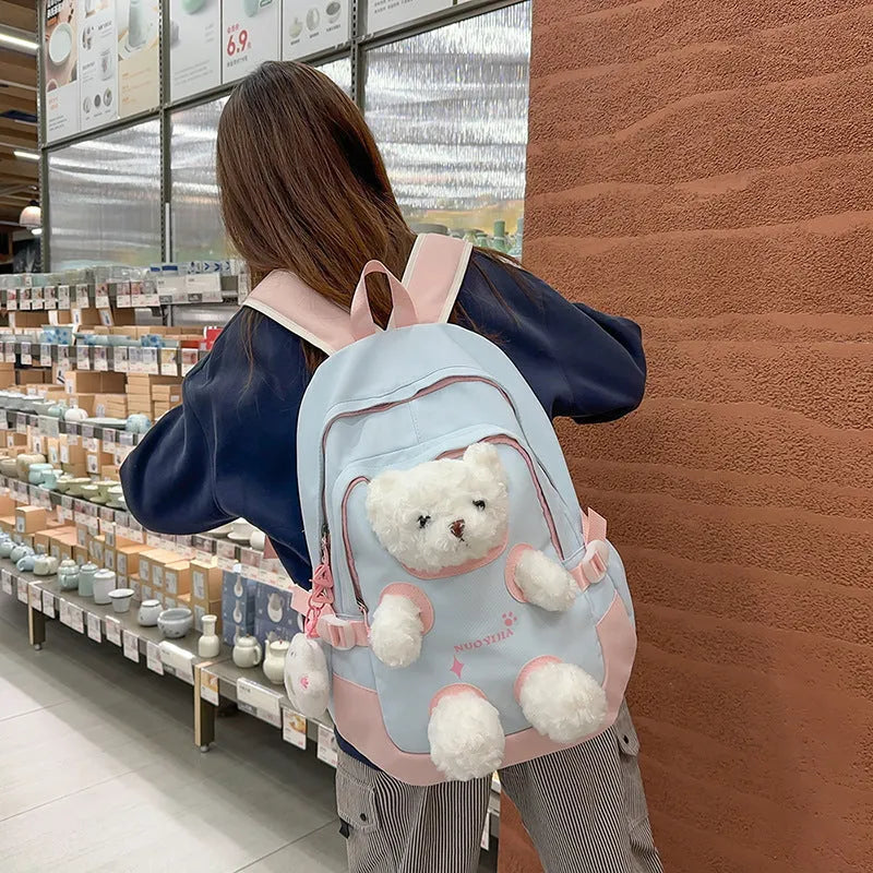 Cute Bear nylon school backpack in macaron colours with curved shoulder straps and 20-35L capacity