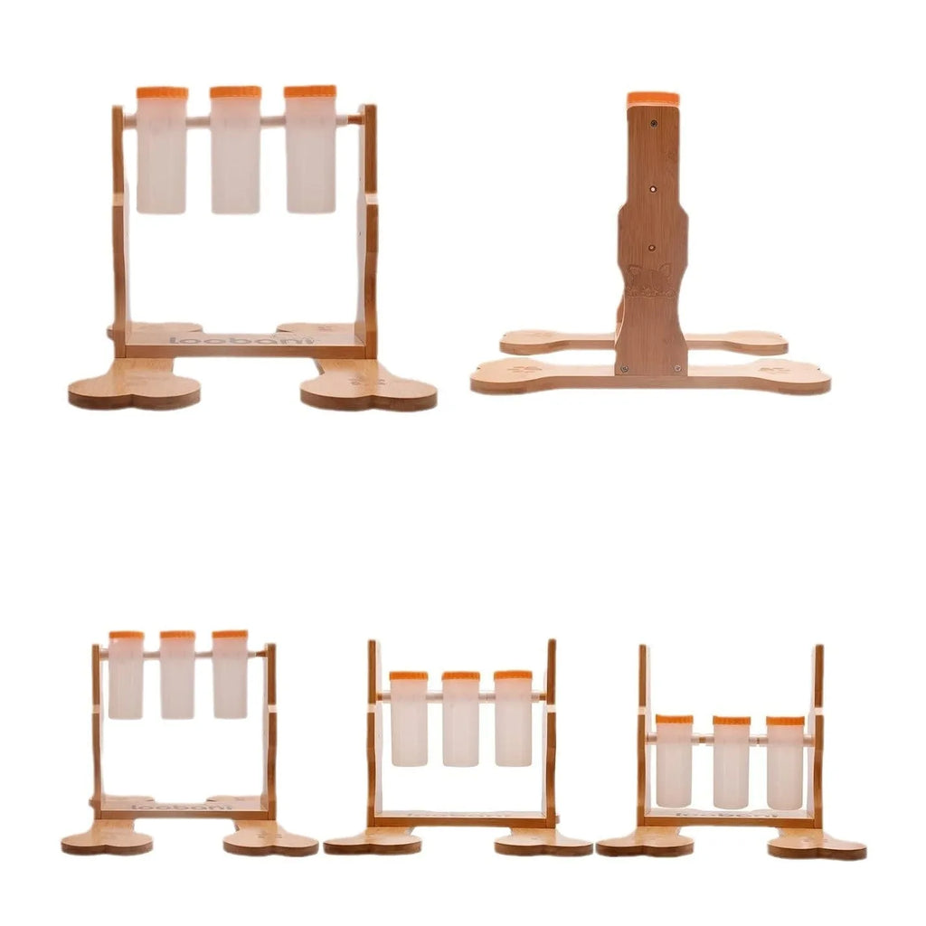 Wooden dog puzzle toy feeder with treat compartments measuring 31x30x20cm