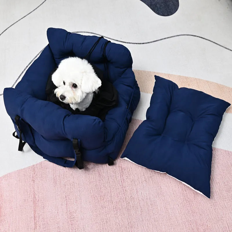 Portable cloth dog car kennel with net pockets shown in light blue, army green, striped, and dark blue colour options.