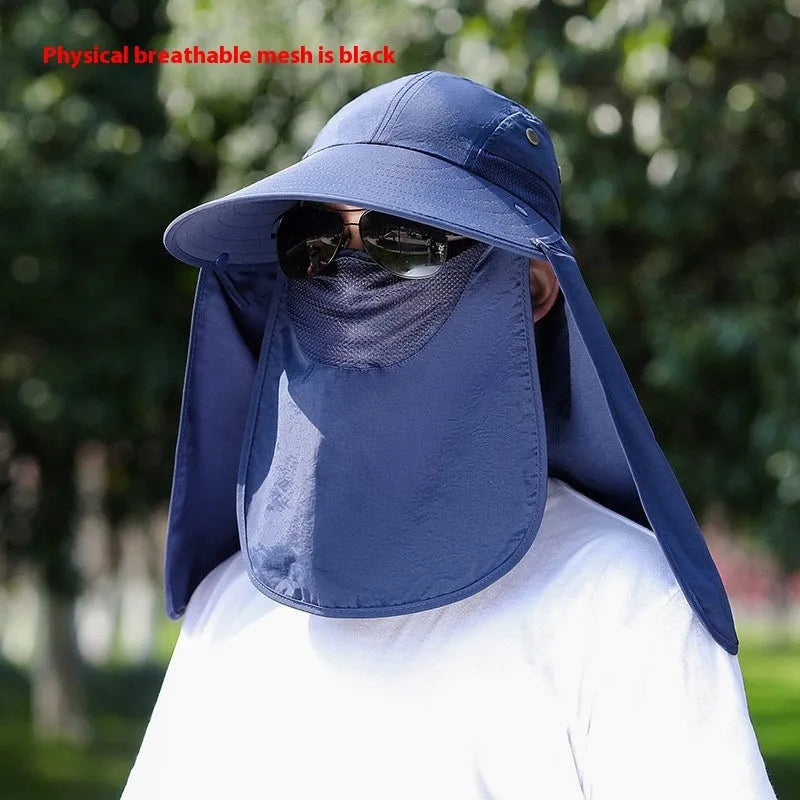 Men's khaki sun hat with USB rechargeable fan and attached face covering shawl for outdoor protection