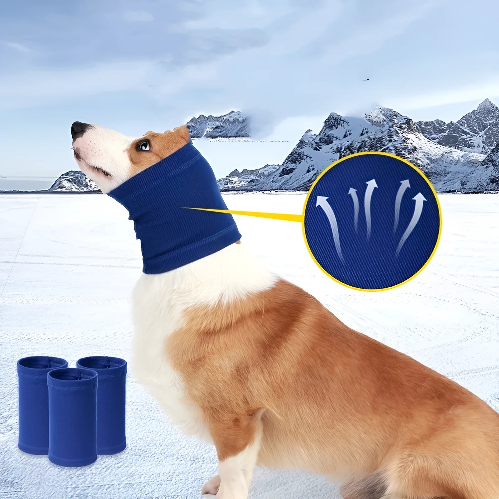 Blue and grey polyester dog headband scarf accessory shown in small, medium, and large sizing options