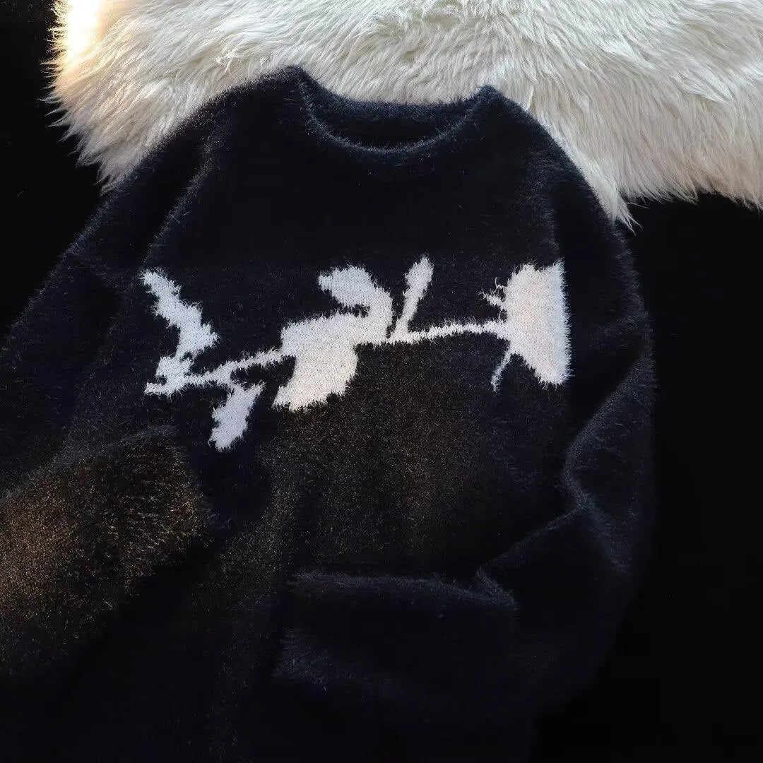 Men's dark rose and horse flocking design casual sweater in apricot colour, long sleeve pullover.