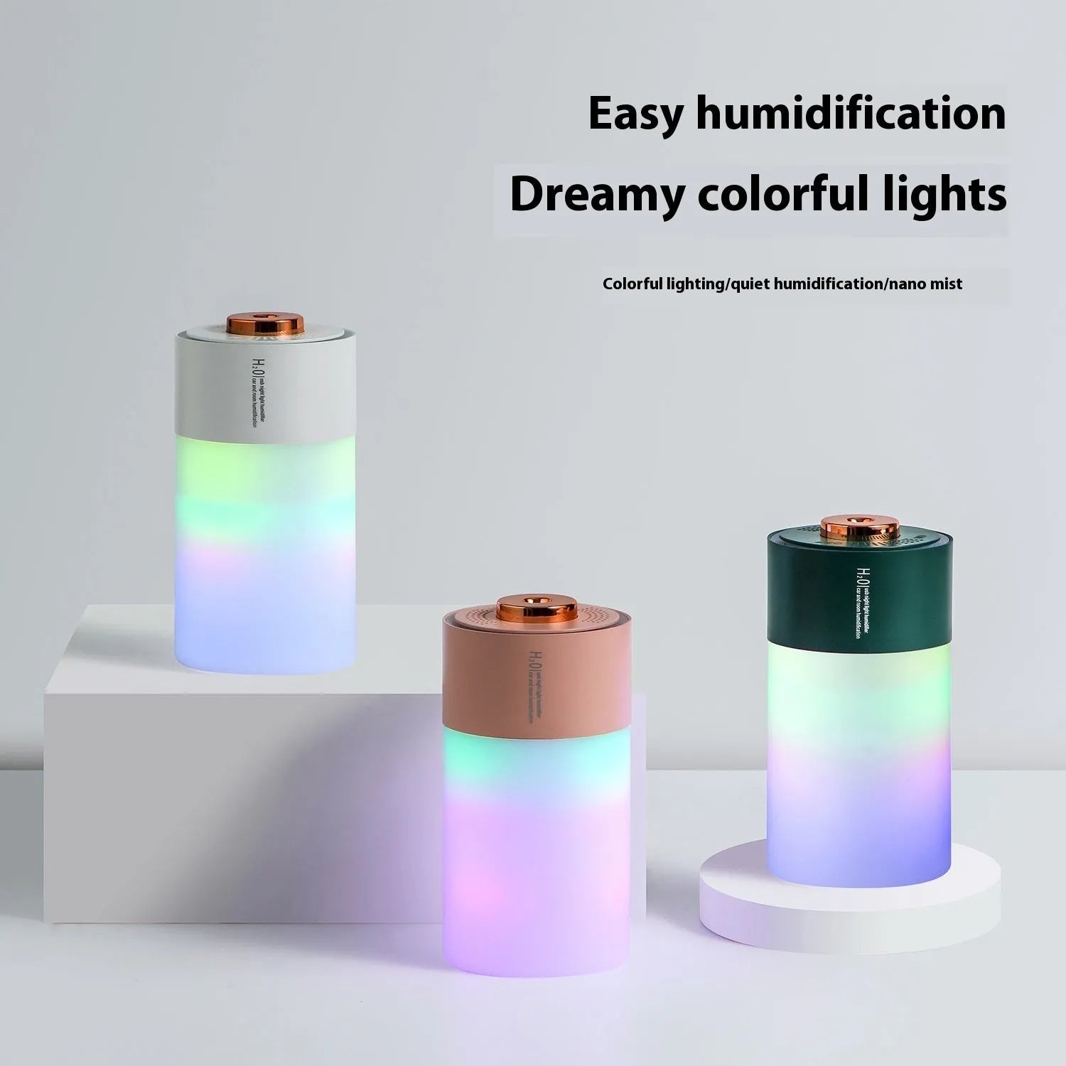 Homehold colourful plastic column humidifier in white, 7.5x7.5x14.8cm with USB cable