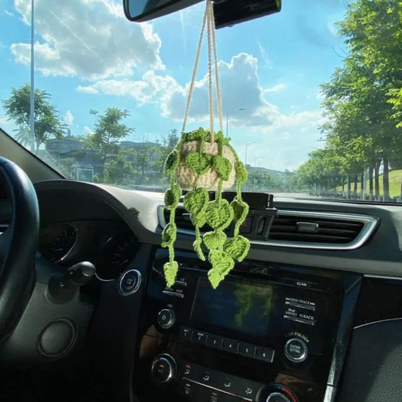 Green and white knitted wool car plant ornament hanging from a rope