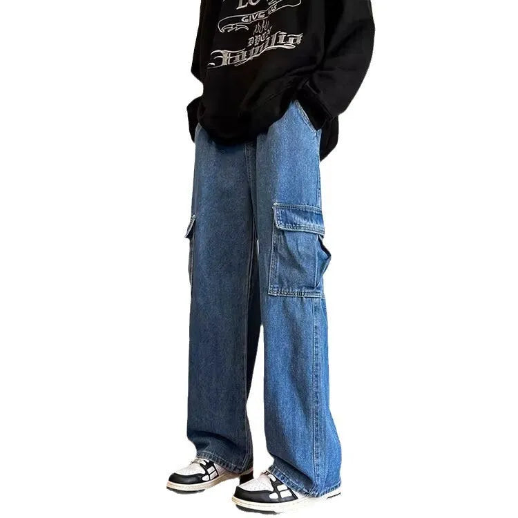 Men's wide-leg loose lace-up jeans in blue Korean style casual denim trousers