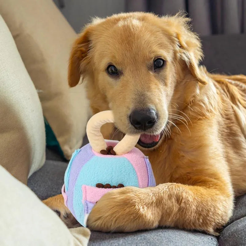 Green polyester dog squeaky plush ball toy with treat pockets