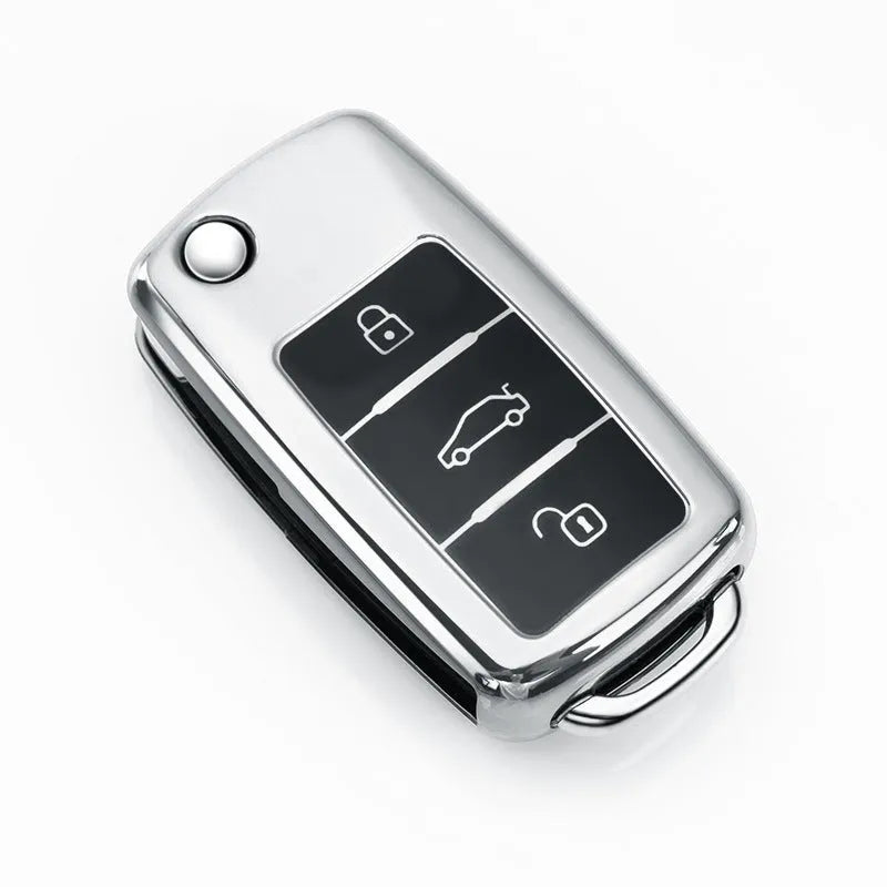 TPU protective case for a Volkswagen Model A car key fob with folding key blade, shown in Gem Blue colour.