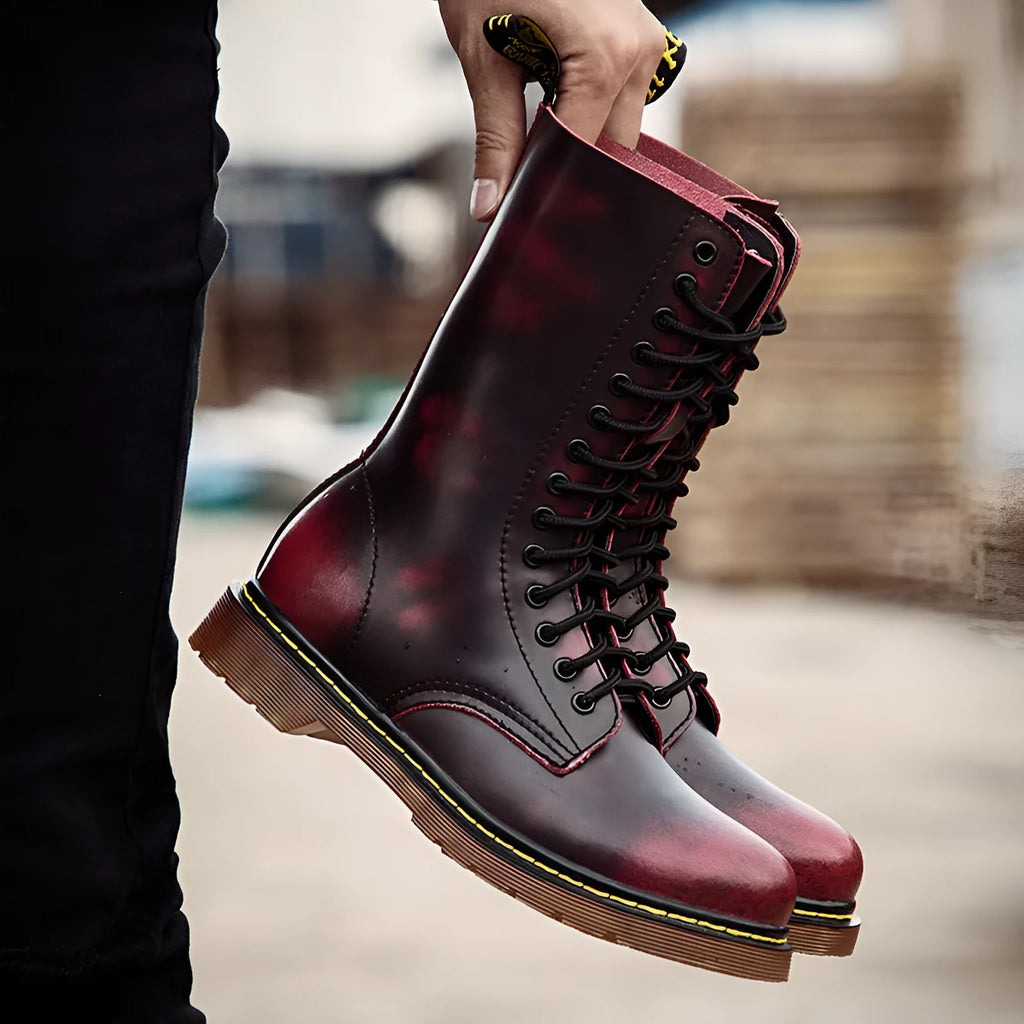 Men's brown leather lace-up casual boots with round toe and flat heel