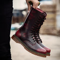 Men's brown leather lace-up casual boots with round toe and flat heel