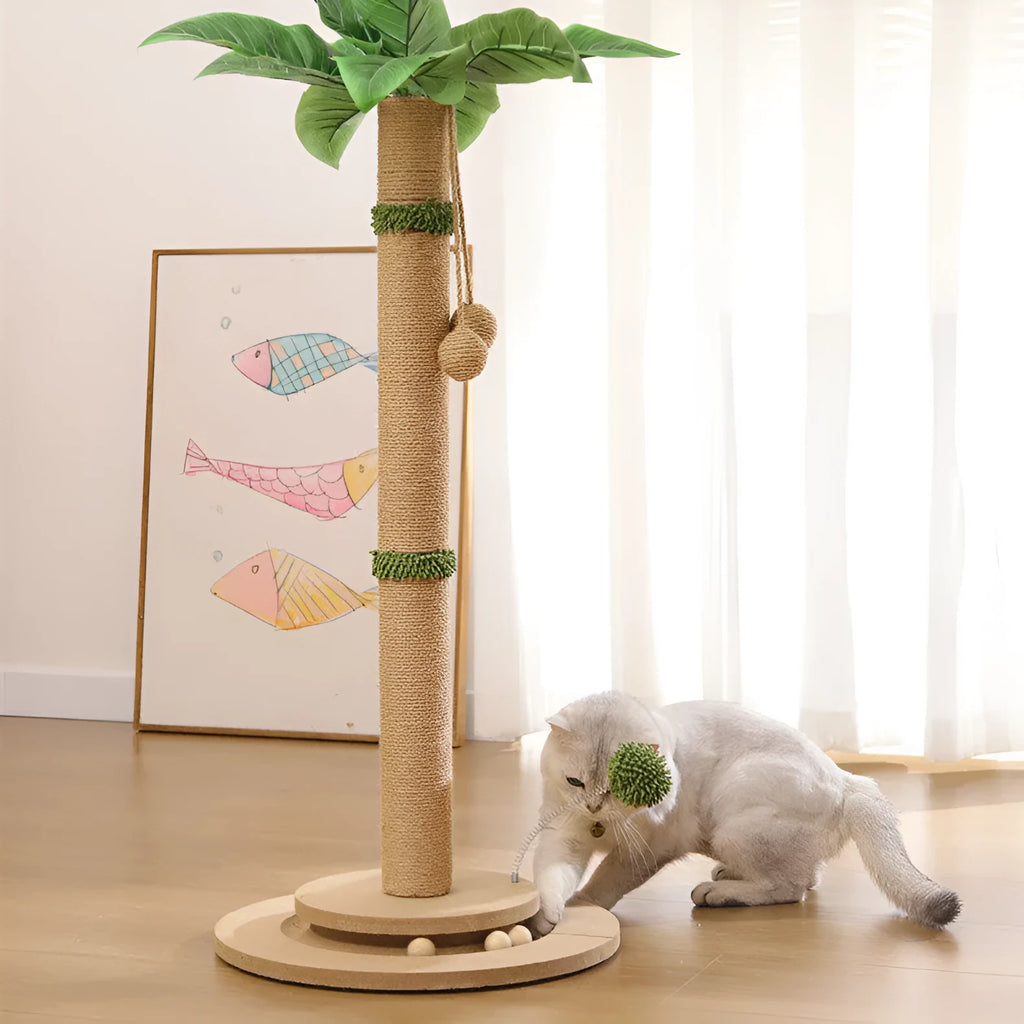Vertical cat scratching post with natural hemp rope columns on a canna-coloured density plate base