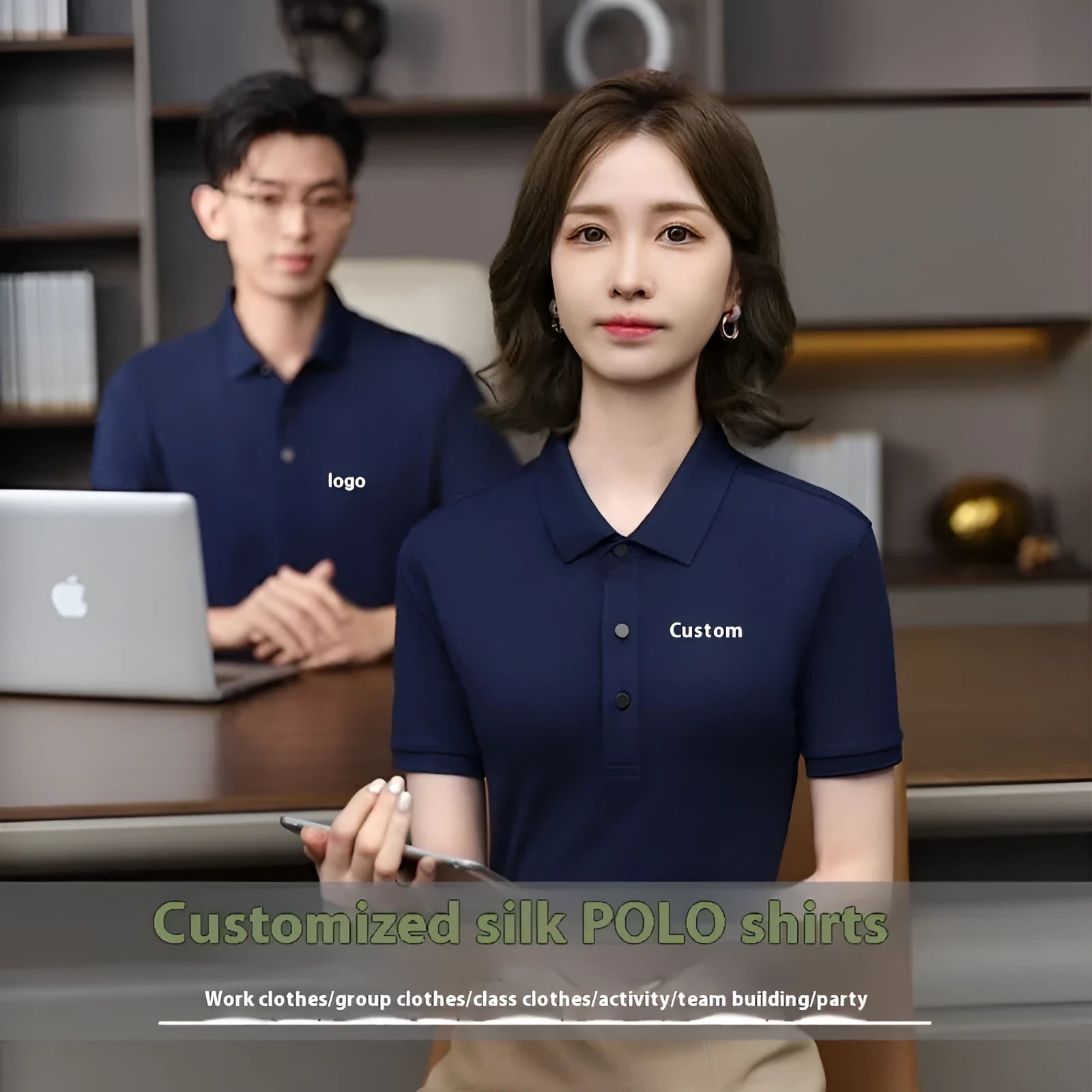 Thin pearl cotton polo shirt overalls with short sleeves in straight cut, shown in medium blue colour.