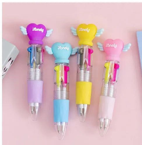 Cartoon-themed four colour press ballpoint pen with plastic and silicone body on a white background.