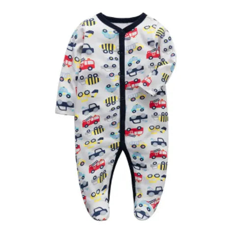A soft cotton baby one-piece garment featuring a dinosaur print, shown on a hanger.
