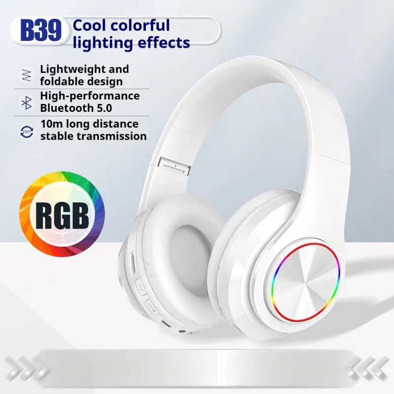 Wireless Bluetooth gaming headset in black, shown with LED breathing lights and a head-mounted design.