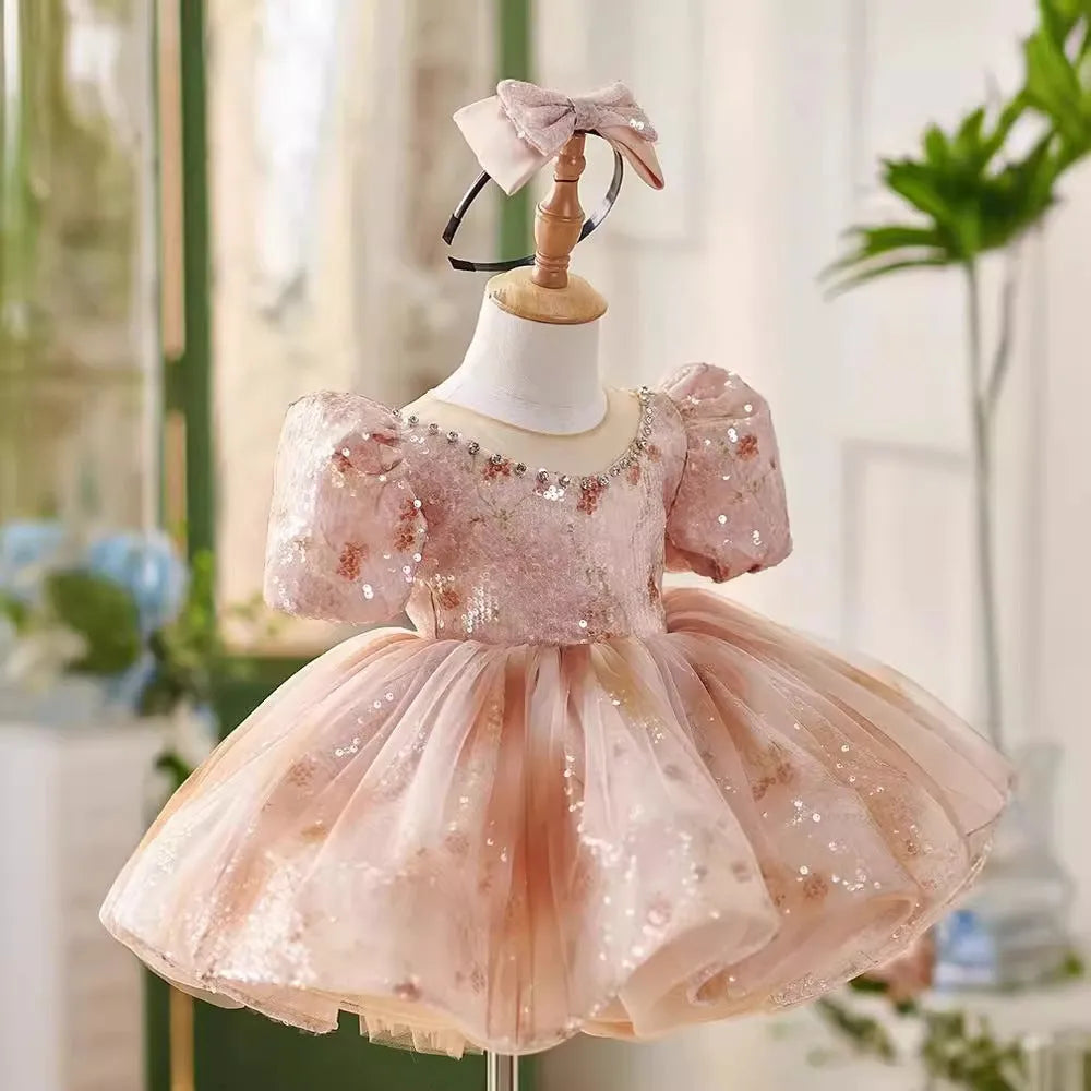 Girls princess dress in pink made from polyester fiber, for heights 80cm to 150cm, suitable for birthday and piano performances