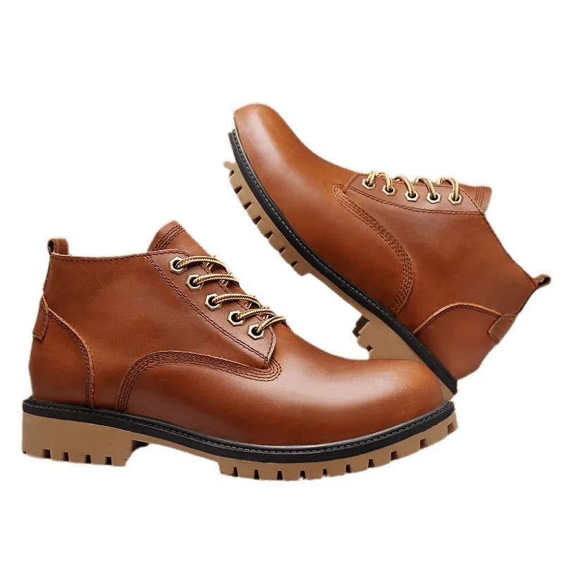 Brown first layer cowhide leather Martin boots with round toe and front lace-up closure