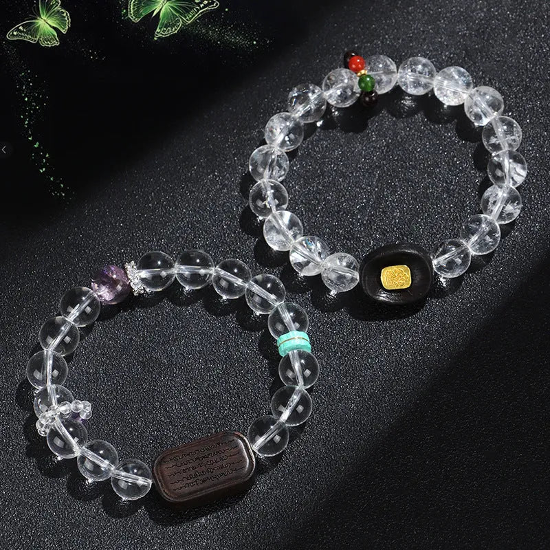 Natural white crystal ebony five warp bracelet showing handmade ethnic design with wood and crystal materials