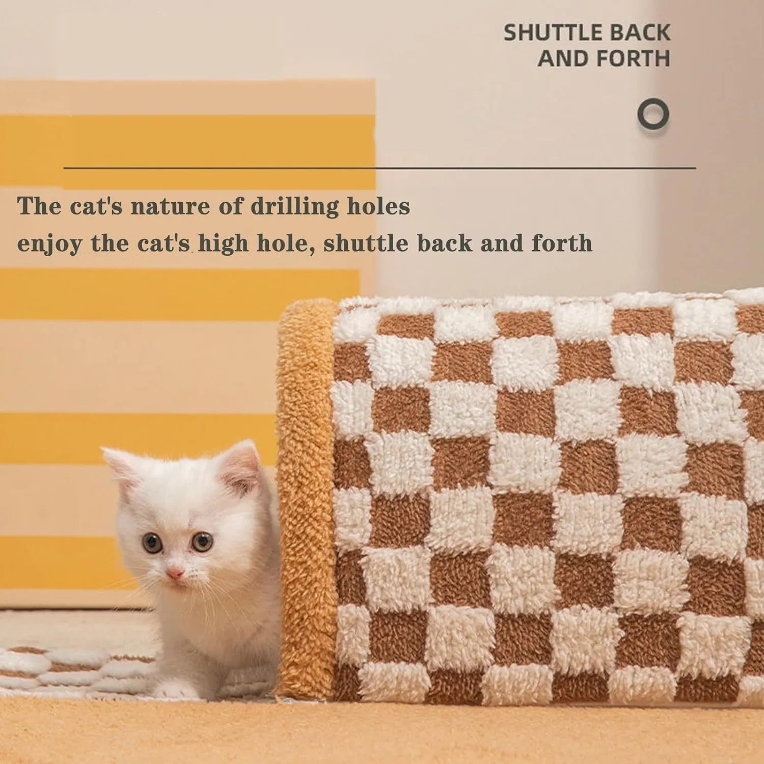 Brown plush plaid cat tunnel bed with a central mat, shown on a wooden floor.