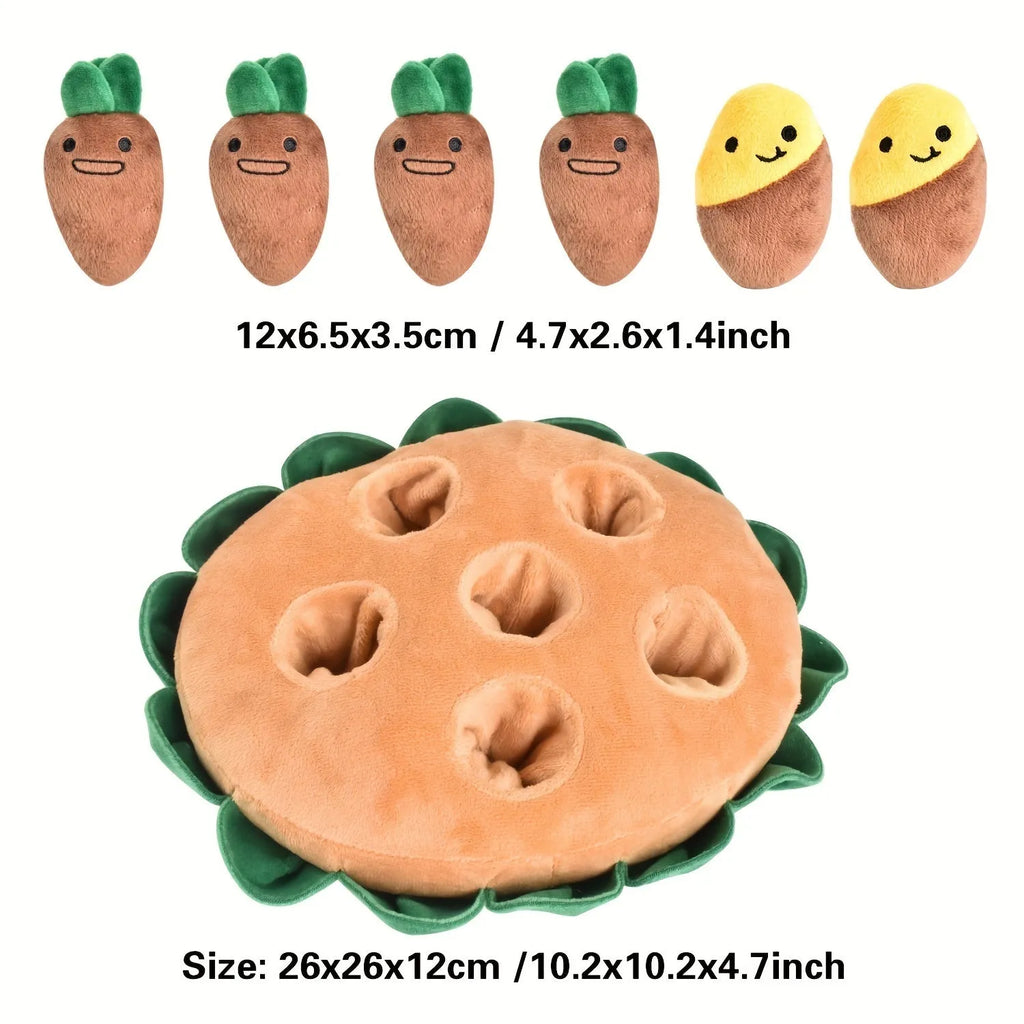 Yellow dog puzzle mat with removable squeaky plush toys for foraging training and slow feeding