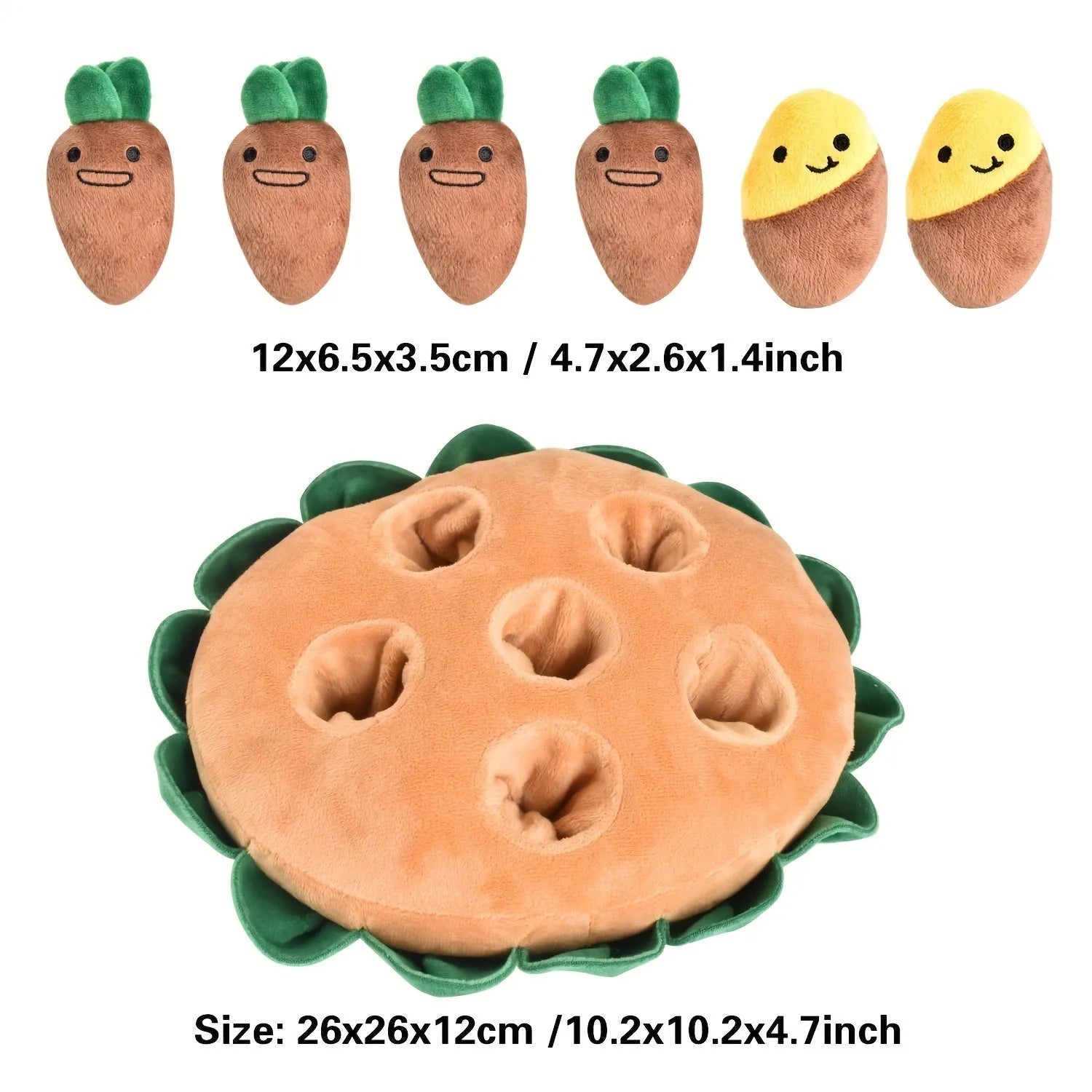Yellow dog puzzle mat with removable squeaky plush toys for foraging training and slow feeding