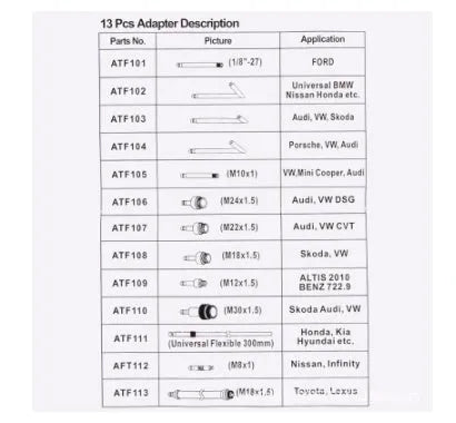 Thirteen-piece automatic transmission oil refuelling tool kit with injector and connectors