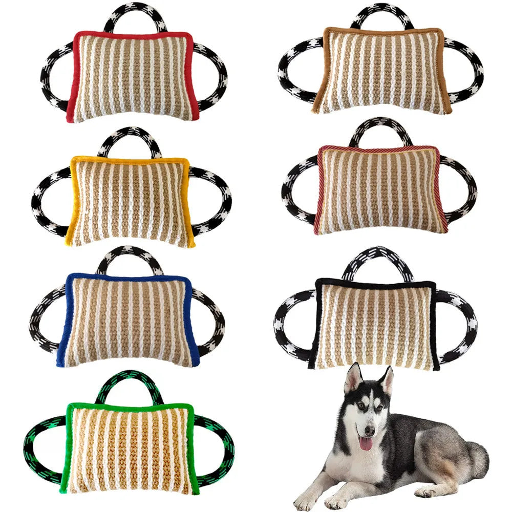 Jute dog tug toy with three rope handles and a central bite pillow for interactive play.
