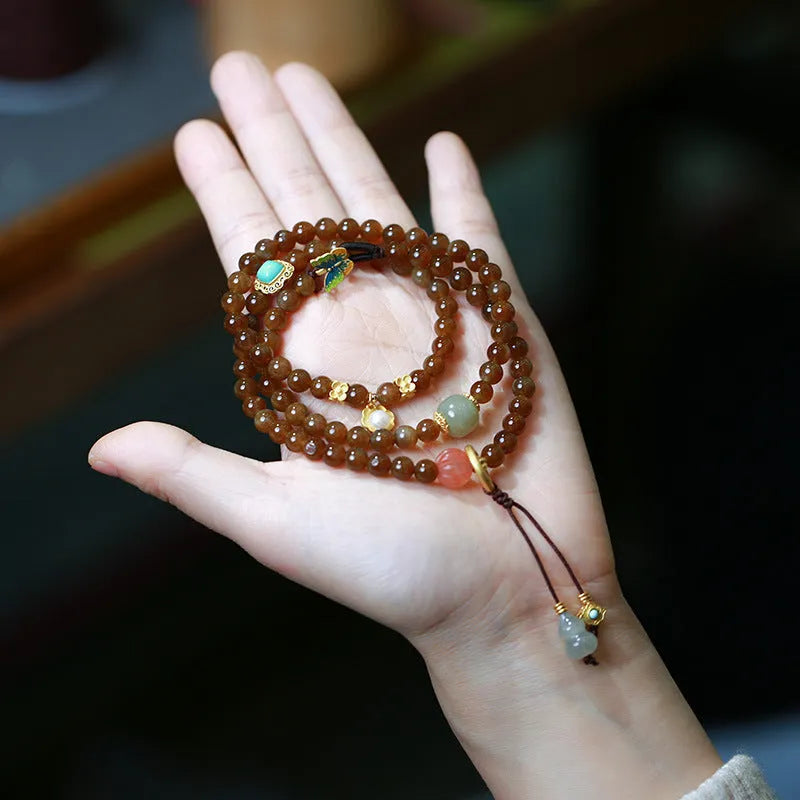Brown jade Hetian jade three-ring bracelet with silver plated details for 14-16 cm wrists.