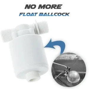 White automatic float valve made of nylon with threaded connection for water pipe installation.