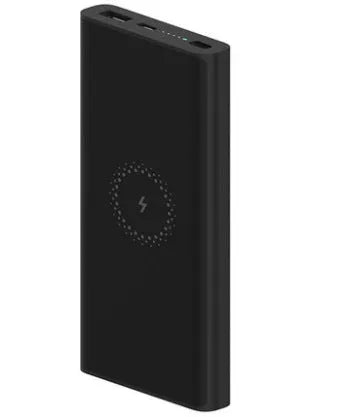 Black and white 10000mAh power bank with USB-C port and wireless charging symbol