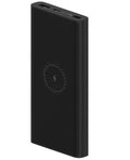 Black and white 10000mAh power bank with USB-C port and wireless charging symbol