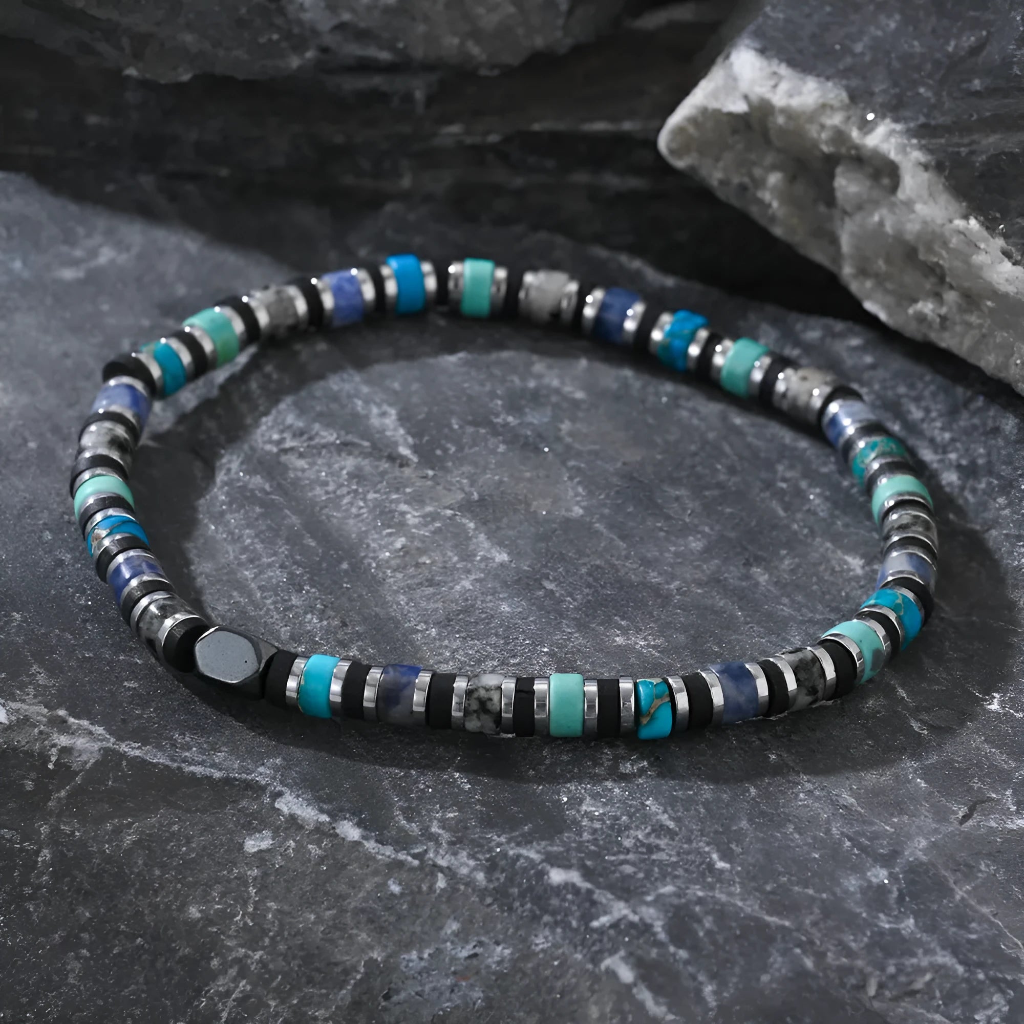 Hand-woven cylindrical semi-precious stone bracelet with geometric bead design