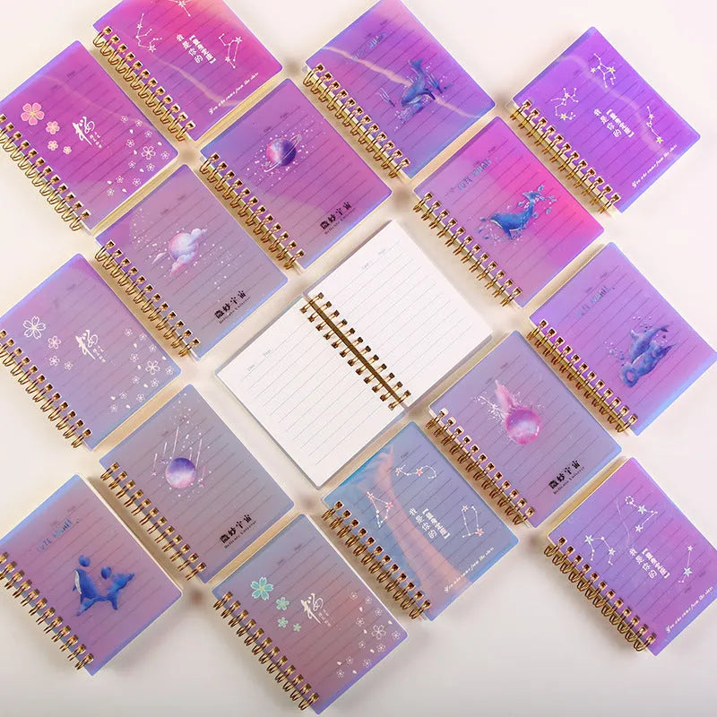 A7 spiral notebook with colourful PP cover, showing spiral binding and open pages