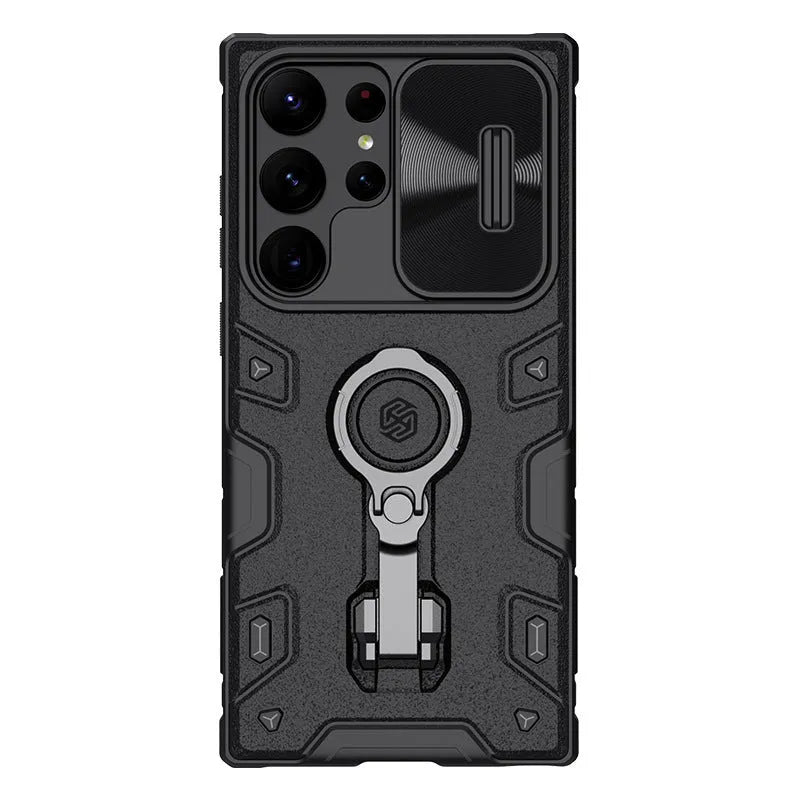 Samsung S23 Ultra shockproof case with lens push cover and ring bracket in black side view