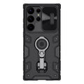 Samsung S23 Ultra shockproof case with lens push cover and ring bracket in black side view