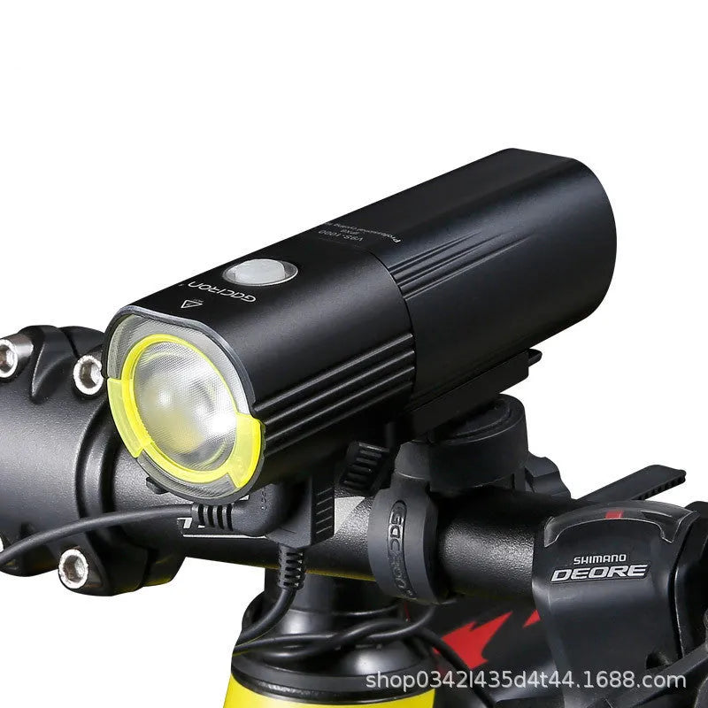 Waterproof bicycle headlight 1600 lumens CREE XML2 with power bank, black, mounted on handlebar