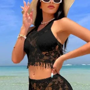 Women's white lace bikini two-piece swimsuit with black tassel skirt beach cover-up