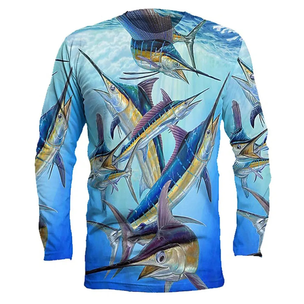Man wearing a long-sleeved grey pullover with a blue fish print on the chest, round neckline.