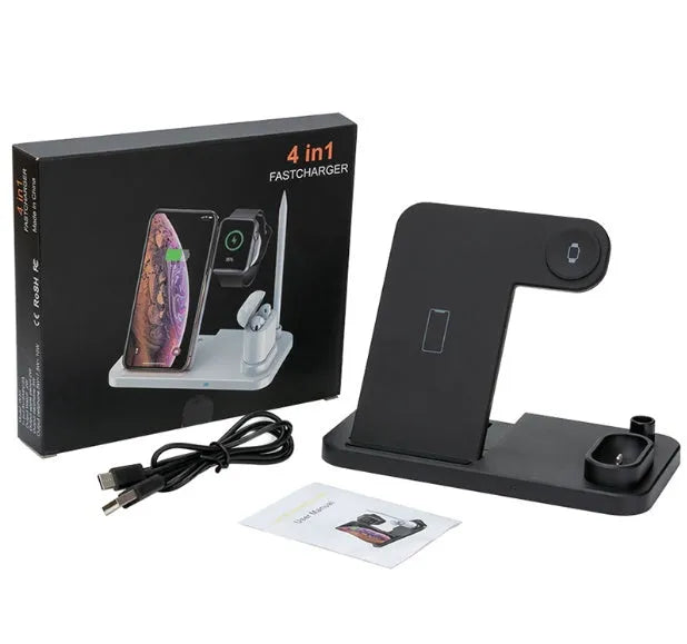 Black 4-in-1 wireless charging dock showing phone on adjustable stand, Apple Watch, AirPods, and Apple Pencil charging simultaneously.