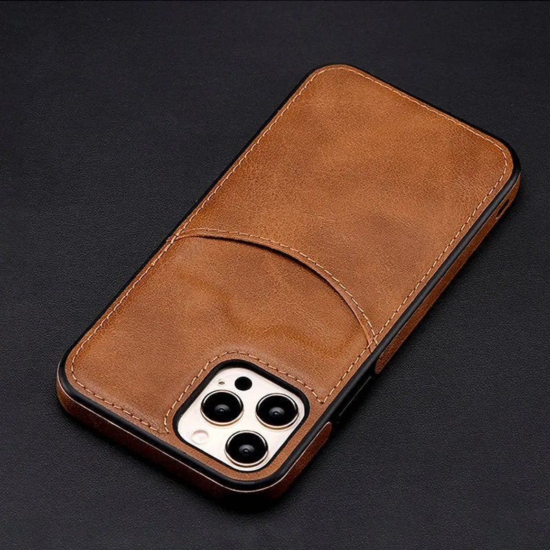 Dark blue PU leather protective case on an iPhone, showing a snug fit and raised edges around the screen.