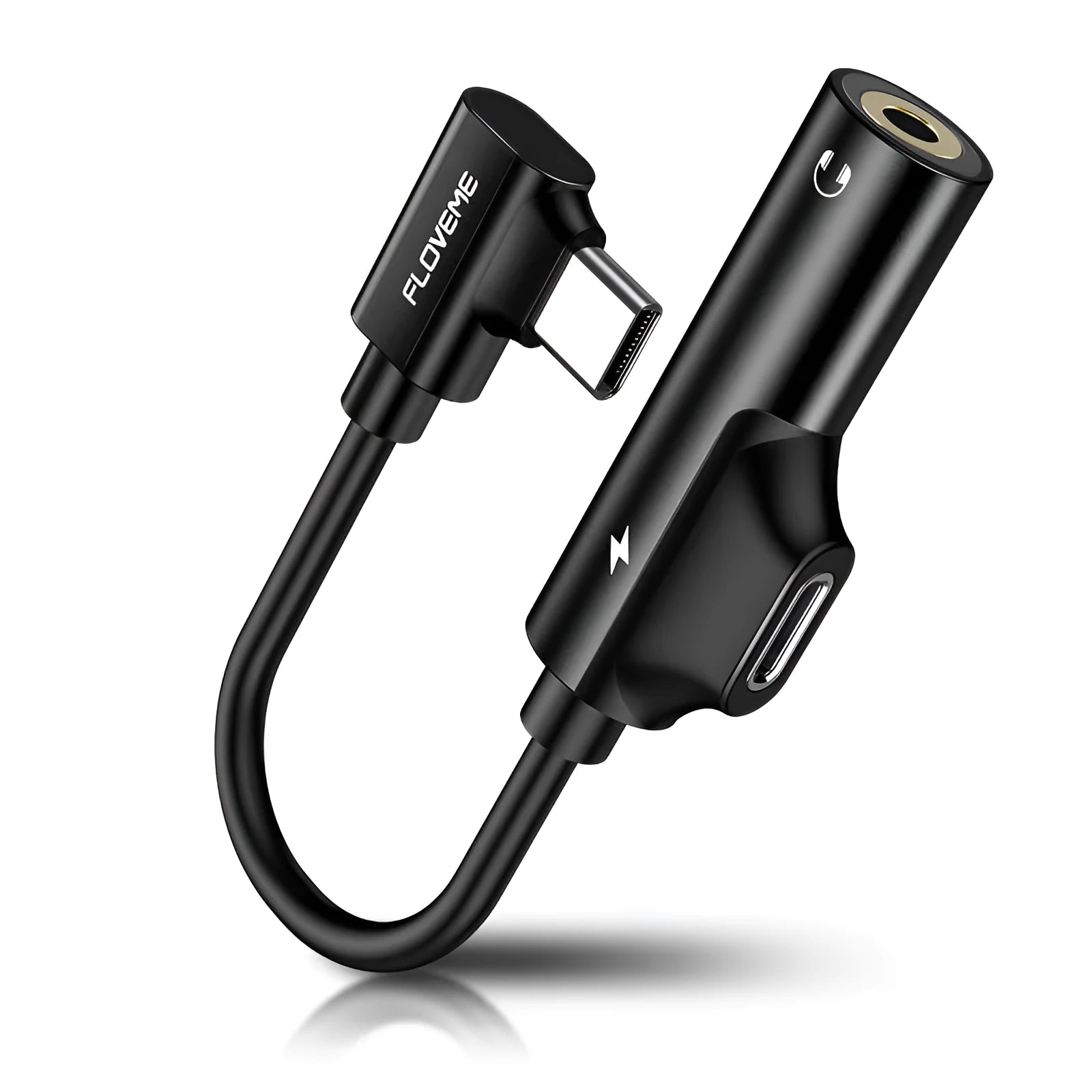 Black Lightning to 3.5mm audio adapter with charging port for iPhone headphones and power
