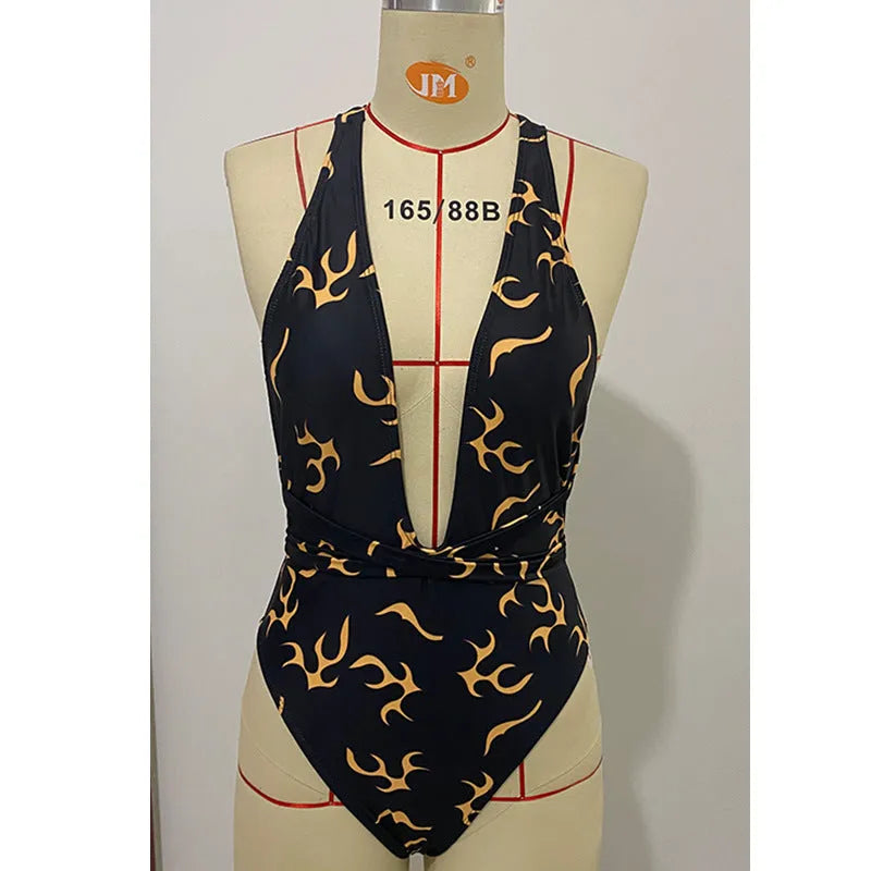 Ladies flame stripe bikini swimsuit two-piece set in flame pattern on a model