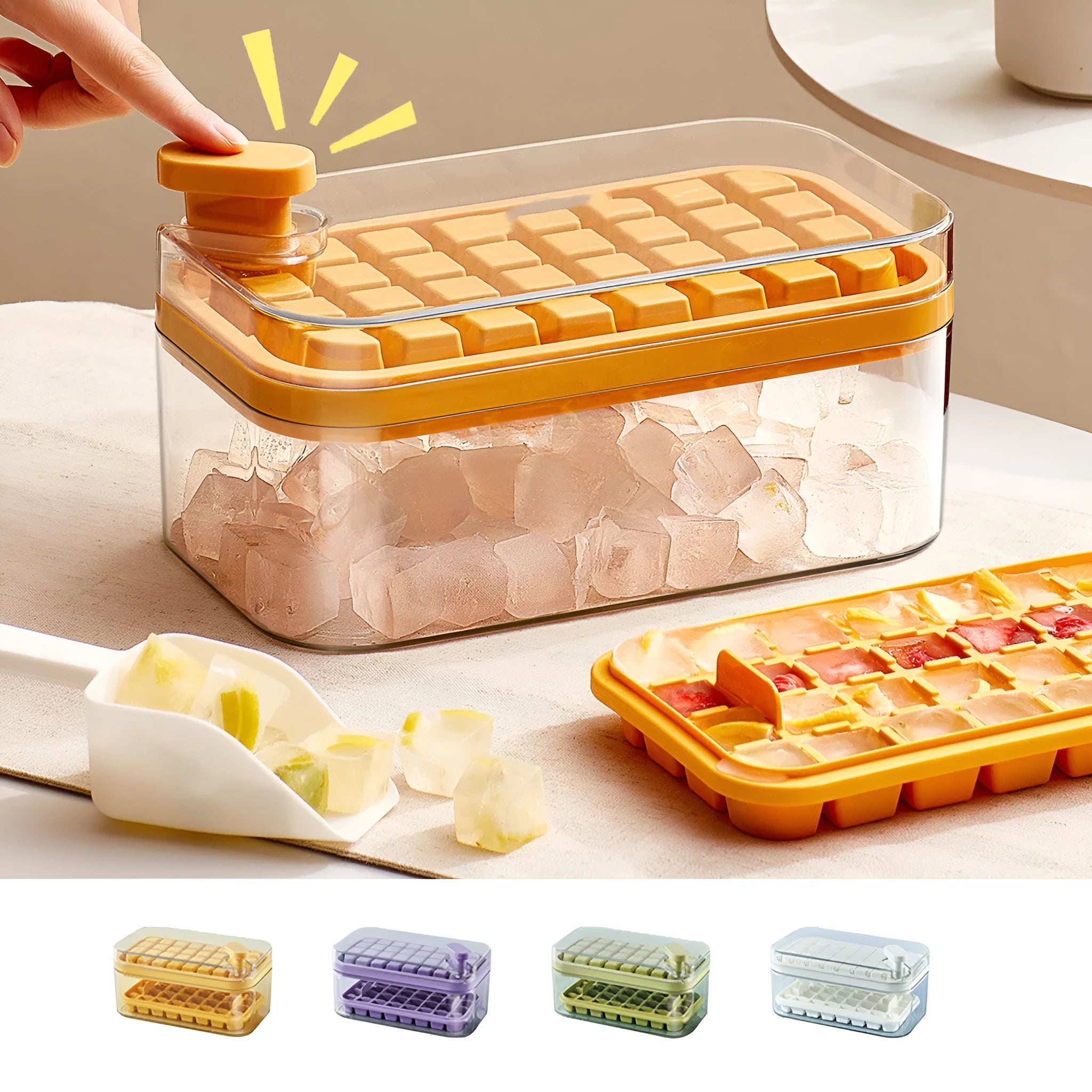 Green plastic ice cube tray with one-button release mechanism and a clear storage lid.