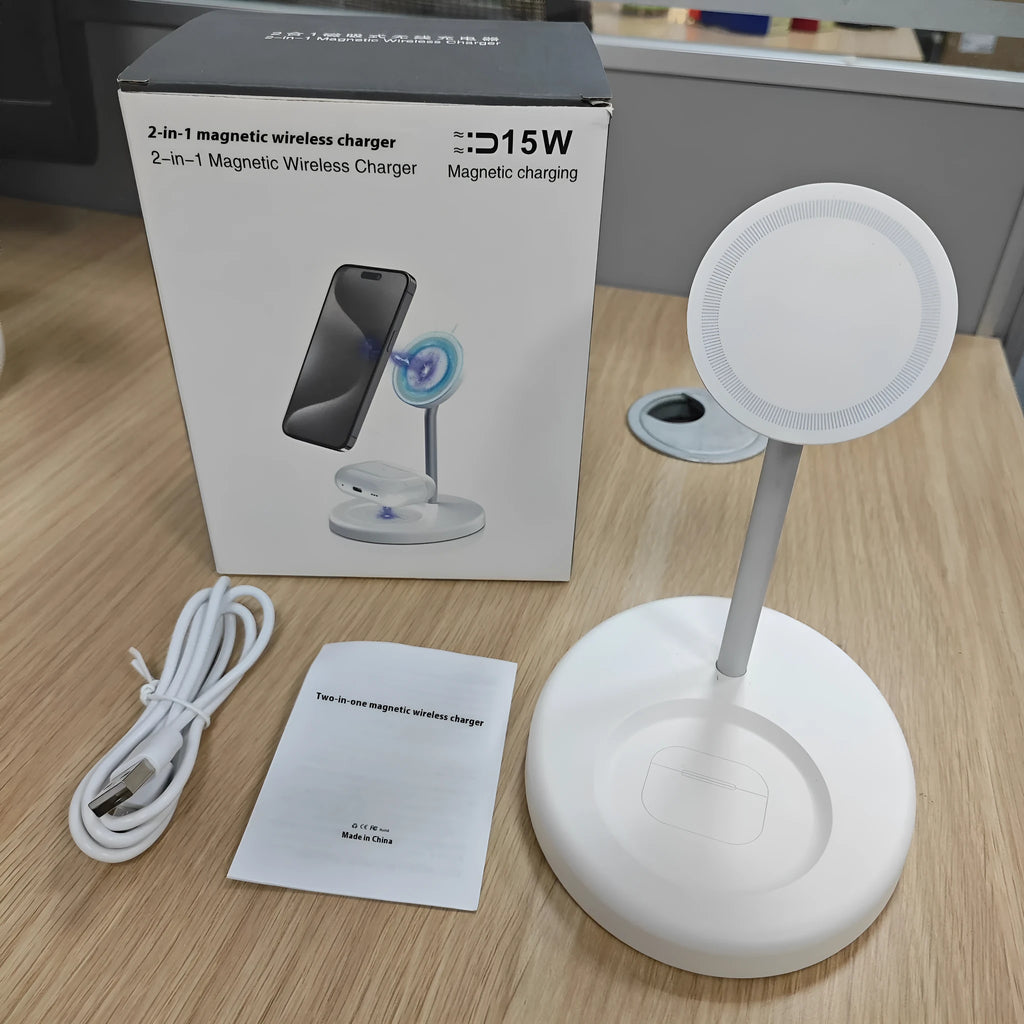 White vertical wireless charger with cooling holes showing smartphone charging at 30W