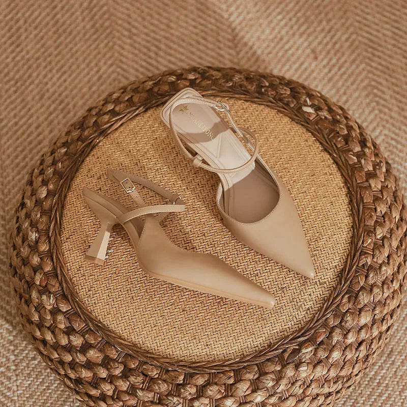 Solid colour women's pointed stiletto heel pumps with imitation sheepskin lining available in apricot brown and black