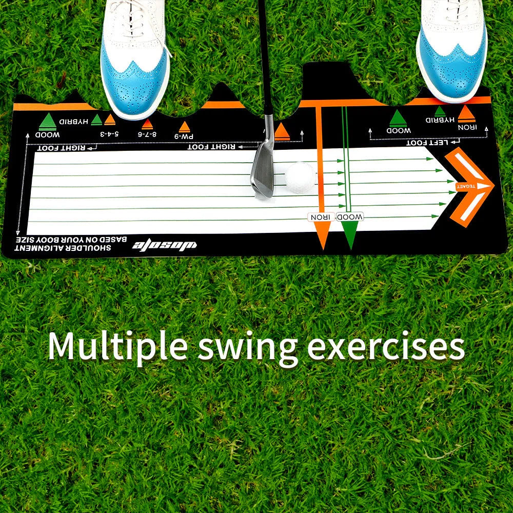 Black neoprene golf swing posture training mat for alignment and stance correction.