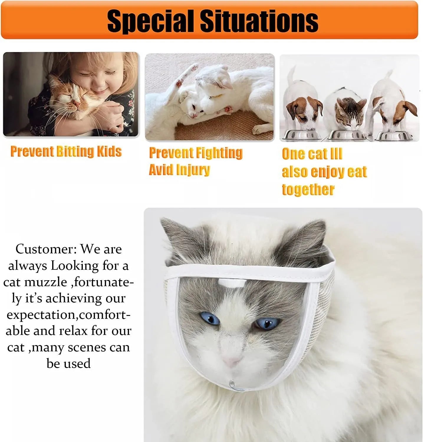 Transparent cat anti-bite muzzle with cotton construction and central breathing hole in S or M size