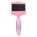 Double sided pet grooming brush with stainless steel pins on a blue handle