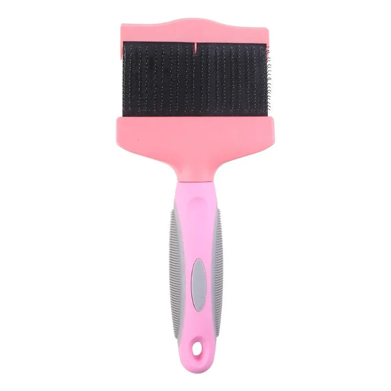 Double sided pet grooming brush with stainless steel pins on a blue handle