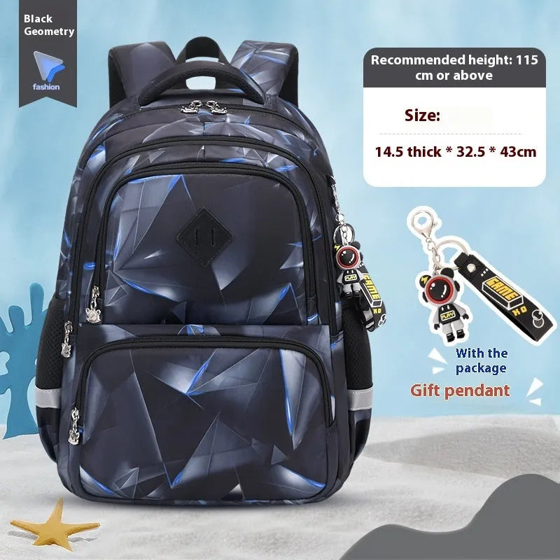 Children's waterproof school backpack with dinosaur pattern and curved shoulder straps