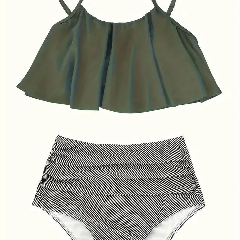 Women's conservative swimsuit with ruffles in high-waisted brief style